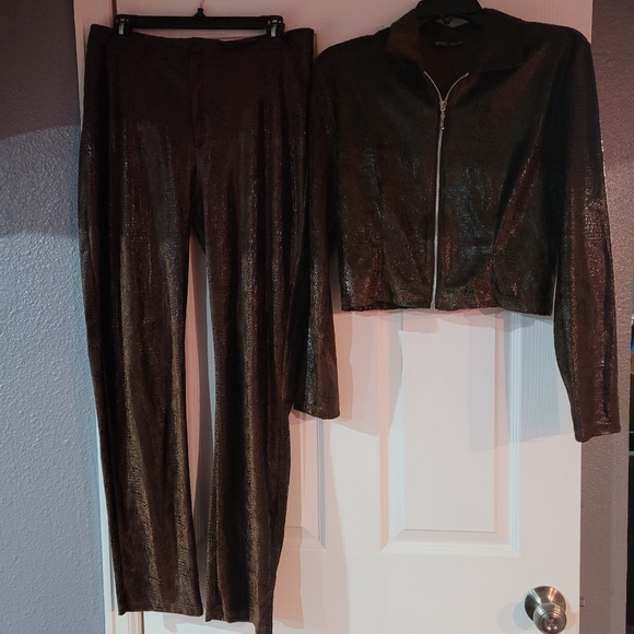 Classy Brown shiny 2 piece pants set!  It mimics snake skin.  (M) - Picture 1 of 3